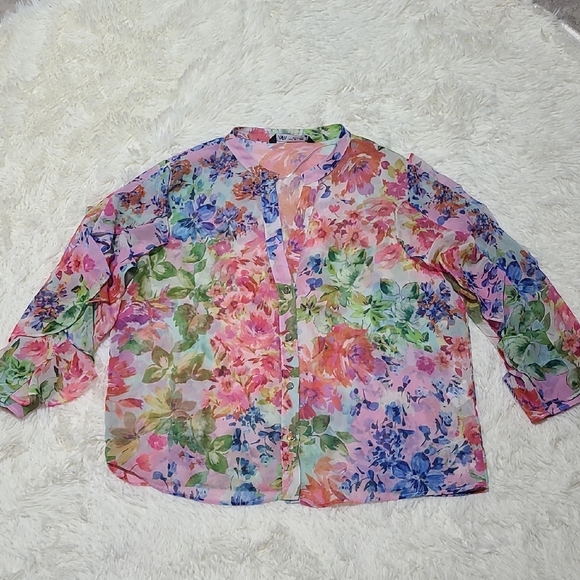 ZARA Women's Floral Chiffon Blouse - Pink and Green - Size Large - Picture 1 of 15